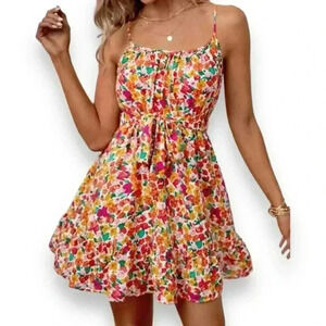 SHEIN Allover Floral Print Ruffle Hem Belted Cami Dress, size S